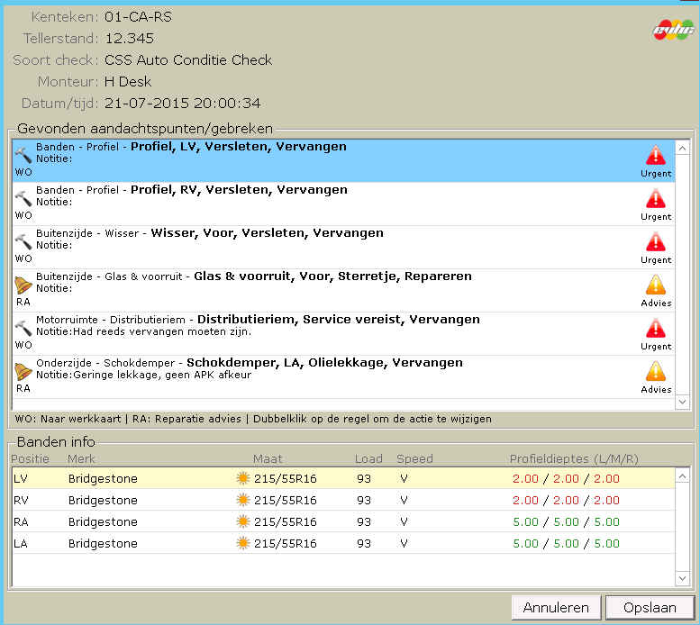 2. Importeren checkresultaten: De werkorder is aanwezig in EVHC en de checklist is afgesloten (ondertekend met pincode) door een monteur. Importeer de checklist resultaten naar CSS.