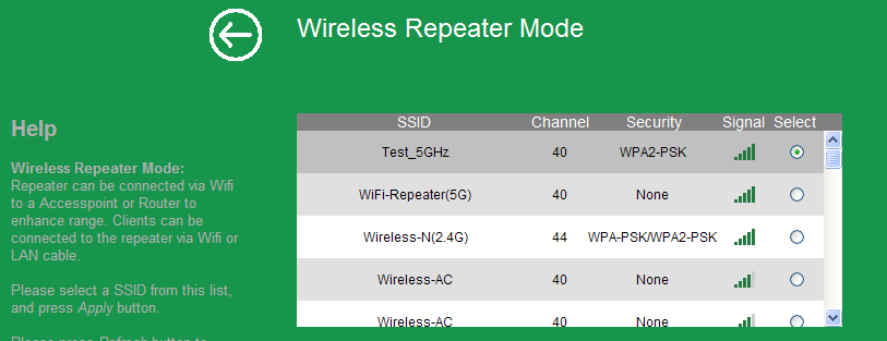 A7. Selecteer het netwerk waar u de Wi-Fi Repeater mee wilt verbinden uit de lijst door het netwerk te kiezen in het Select veld. A8.