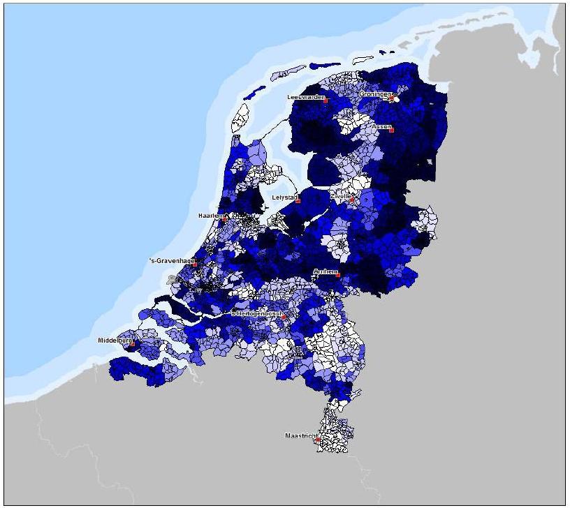 Figuur 3.2: Resultaten praktijkvariatie voor cataract op gemeenteniveau. Aantal operaties per 100.000 inwoners, gecorrigeerd voor leeftijd en inkomen. Gemiddelde: 875 operaties per 100.000 inwoners. De gemeenten op de landkaart zijn opgedeeld in 10 groepen van gelijke grootte 29.