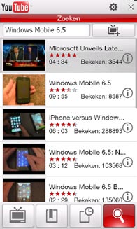 Hoofdstuk 9 Internet en sociaal netwerken 185 Zoeken naar video's Tik op het tabblad Zoeken ( ) om het Zoekscherm te openen waarin u uw criteria voor het zoeken van de YouTube video's kunt invoeren.