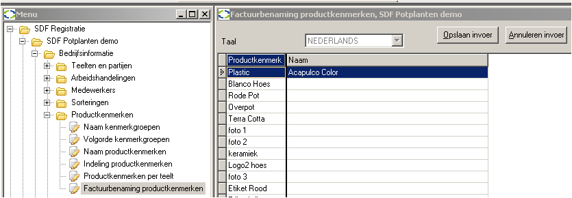 Taalafhankelijke factuurnamen productkenmerken. (onderdeel: product kenmerken) Voor produktkenmerken kan de taalafhankelijke factuurnaam en de interne naam worden gebruikt.