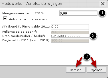 P a g i n a 55 Naar verlofoverzicht medewerker 1. Ga naar de medewerker. 2. Zoek het dashlet Verlof. U ziet hier het verlof saldo. 3. Klik op meer. Verlofsaldo wijzigen 1. Klik op Beginsaldo. 2. Klik op Bewerken.