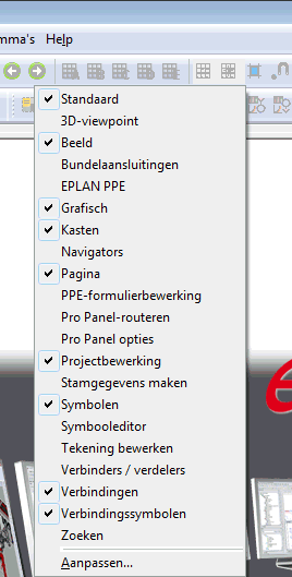 Werkbalken weergeven en verbergen 2. Selecteer bijvoorbeeld de werkbalk Standaard en klik op het selectievakje voor de werkbalknaam. EPLAN sluit het snelmenu en verbergt de werkbalk. 3.