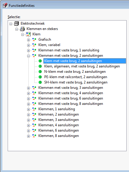 Klemmenstroken en klemmen invoegen (N-klem, PE-klem etc.). Klik daartoe op de knop [...] naast het veld Functiedefinitie. Het dialoogvenster Functiedefinities wordt geopend. 8.