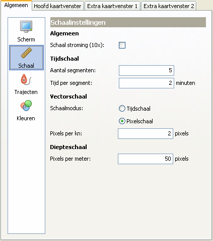 Instellen van de tijd- en pixelschaal De tijdschaal bepaald de lengte van de voorspelde traject (baan) en ook de lengte van alle vectoren als deze op tijdschaal staan ingesteld bij