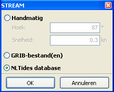 Door indrukken van de knoppen Wind of Stroming kunt u deze waarden ook handmatig instellen of koppelen aan de Grib files of NLtides database.