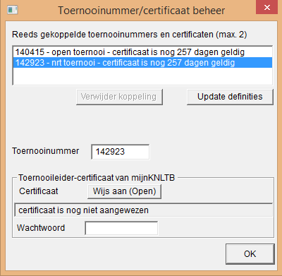 ToernooiAssistent blz 5 van 17 Sla het certificaatbestand op uw PC op en wijs het aan in de bovenstaande stap 3 door op de knop Wijs aan (open) te klikken en het betreffende bestand te selecteren: