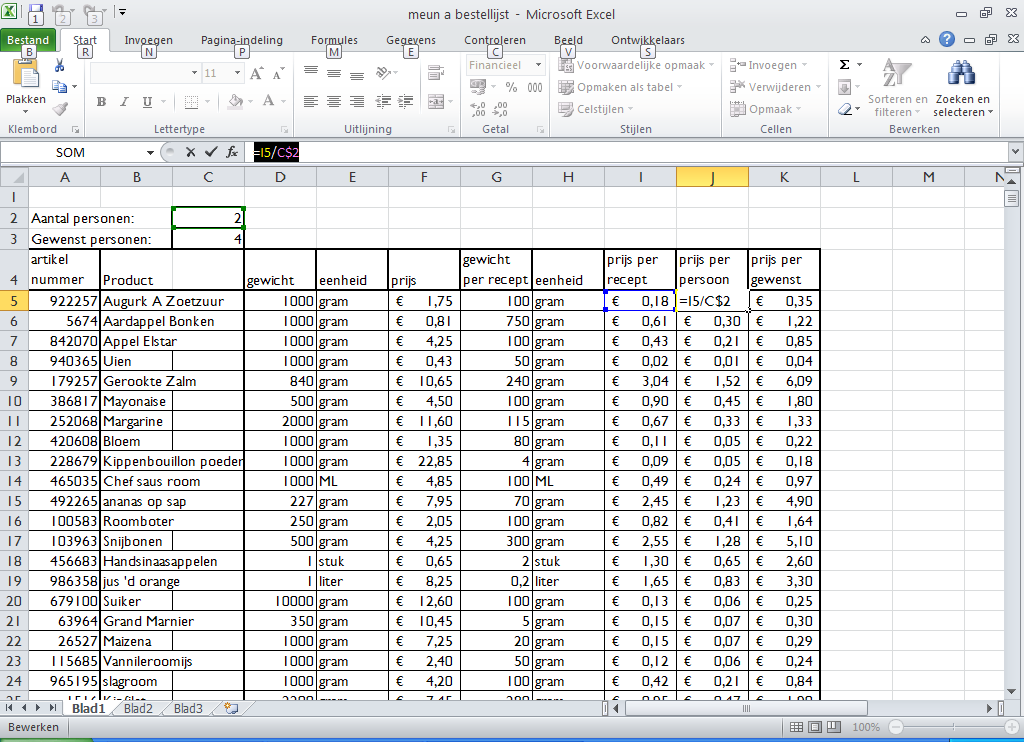 40 In cel i5 onder prijs per recept, vul je in: =F5/D5*G5 je zult zien dat dan de cellen een kleurtje krijgen en dat deze kleur in je formule terug komt, zoals hieronder: 1 kolom verder, ander prijs