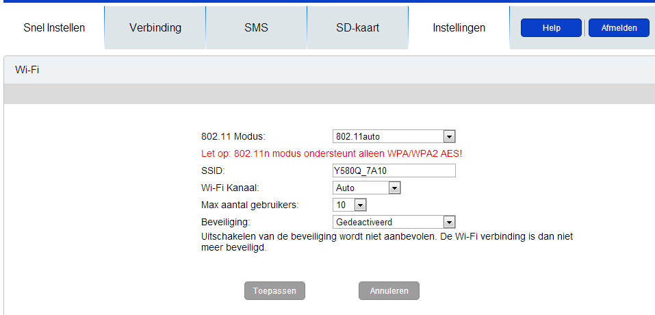 Startscherm SSID naam en/of wachtwoord aanpassen: Uw Alcatel One Touch Y580 wordt geleverd met een Standaard SSID naam. Het wachtwoord is bij levering gedeactiveerd.