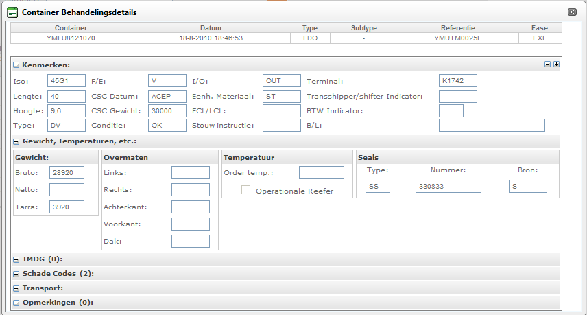 - : Wanneer u op dit icoon klikt, krijg je nog extra details van de container (zoals schadecodes, seals, ): -> Kenmerken: o ISO: De ISO code van de container.