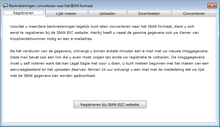 Dit is een rapportscherm zoals er meerdere in Legal Eagle zijn. De eerste optie Alle geeft een lijst van alle nog niet geconverteerde bankrekeningen, dus in het oude banknummer formaat.