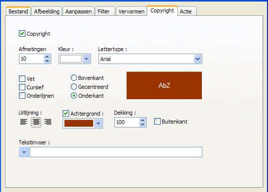 Tabblad [Copyright] Met dit tabblad kunt u een copyright invoegen in de uitvoerafbeelding. Deze optie is facultatief.