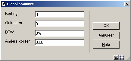 aangeboden als default, bv. < 5000>. De globale bedragen van een factuur kunnen alleen worden ingevoerd als de status 'in opbouw' is en het veld met de valuta ingevuld is.