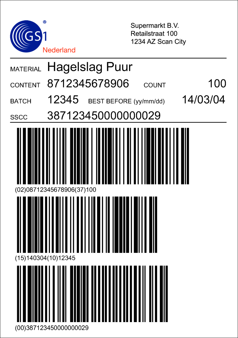 3 Lay-out Het GS1-label bestaat uit de volgende drie onderdelen: 1 Vrije informatie (bovenste onderdeel) 2 Mensleesbare informatie (middelste onderdeel) 3 Symbolen (onderste onderdeel) De drie