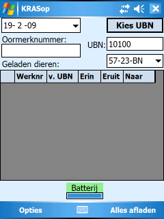 De adressen uit het Excel-bestand staan nu ook in de PDA. Tik op een adresregel om de gegevens hiervan uitgebreider te zien. Op dit moment is UBN 10100 gekozen.
