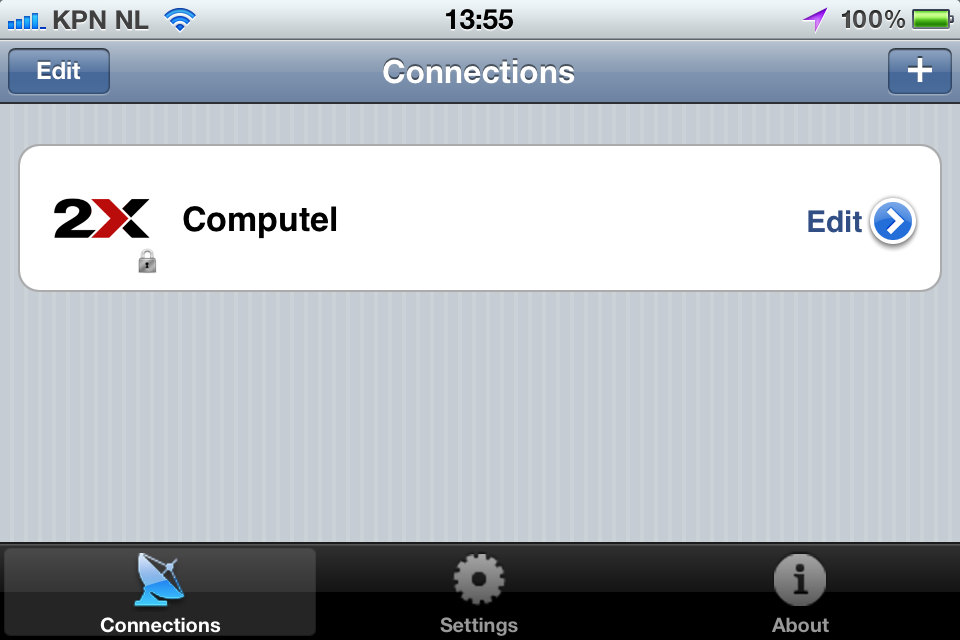 3. CONNECTIONS In de 2X app op uw ios apparaat moet u eenmalig een connection{ XE "connection" } (verbinding) opzetten naar uw Werkplek Standby omgeving.