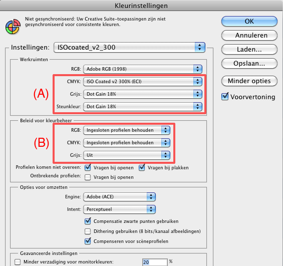 Mac OS & Windows: eventueel a.h.v. Adobe Gamma 3. Instellingen voor beoordeling op beeldscherm: a.h.v. Adobe Photoshop (vanaf versie 6.0) (A) CMYK- Grijs- en steunkleur-profielen zijn niet relevant.