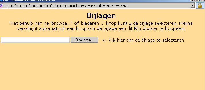 Bijlage toevoegen Via het tabblad Dossier en de knop Bijlage kun je een document aan het dossier koppelen. De bijlage wordt dan vanaf je computer geüpload en in het systeem opgeslagen.