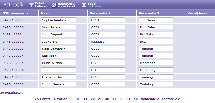 Klik op de knop in de actiebalk. Het filterscherm wordt weergegeven. Kies in het filterveld (eerste veld) het veld "Referentie 2". Selecteer in het operatorveld (tweede veld) de operator "bevat".