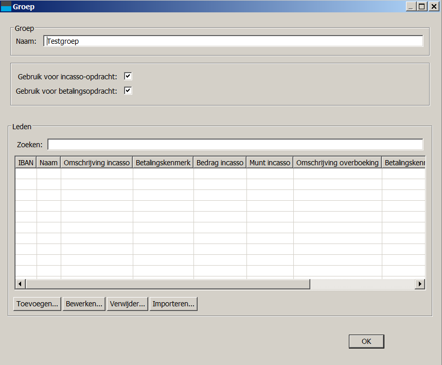 Figuur 17: Een nieuwe groep Geef de nieuwe groep een naam. Deze naam moet uniek zijn. Verder kunt u kiezen of deze groep beschikbaar moet zijn voor incasso's en/of betalingen.