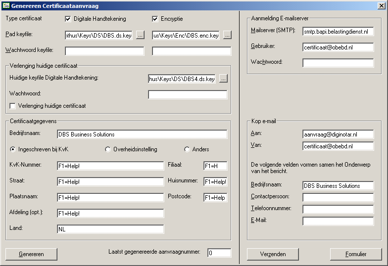 Genereren Kies het Type certificaat dat u wilt aanvragen en vul het Pad naar de aan te maken keyfile en het Wachtwoord in.