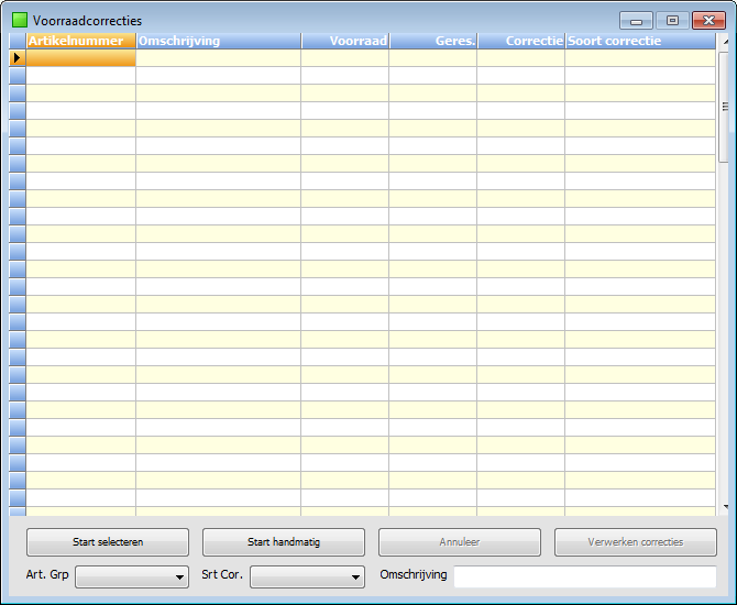 Voorraad correcties Na het starten van dit programma wordt het onderstaande scherm gepresenteerd en kan men kiezen uit 2 mogelijkheden: 1. De groepsgewijze aanpak d.m.v. de Start selecteren button 2.