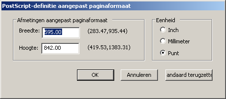 AFDRUKKEN 58 Aangepaste paginaformaten voor Windows PostScriptprinterstuurprogramma Wanneer u in het PostScript-printerstuurprogramma een aangepast paginaformaat definieert of bewerkt, gaat u als
