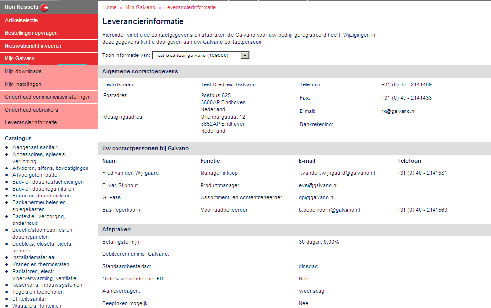 2.5 Leveranciersinformatie De pagina leveranciersinformatie biedt u een compleet overzicht van uw leveranciersgegevens zoals Galvano deze van u geregistreerd heeft.