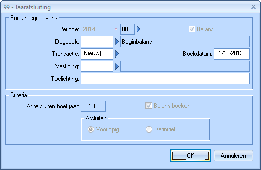 1.3. Voorlopig afsluiten U kunt het boekjaar ook voorlopig afsluiten. Voorwaarde is dan wel dat minimaal de laatste periode van het boekjaar (bijvoorbeeld periode 12) voorlopig afgesloten moet zijn.