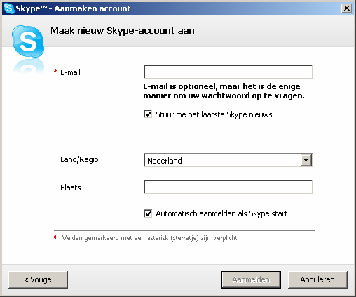 Installeren Skype account aanmaken Om gebruik te maken van de Skype software dient u een Skype-account aan te maken. Een Skype account maakt u als volgt aan: 1.