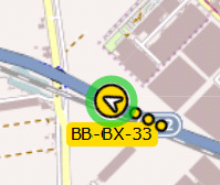 Door op het symbool "volg voertuig" te klikken: kan het voertuig op de kaart worden gevolgd. Rondom het voertuigicoon verschijnt een knipperende groene cirkel.