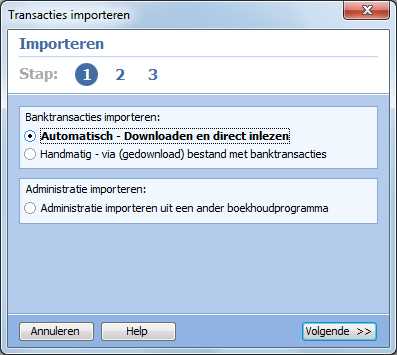 Automatisch importeren 1. Open een administratie 2. Klik op de tab [Transacties] 3. Klik op de afbeelding van [Importeren] 4. Selecteer het rondje automatisch 5. Klik op [Volgende] 6.