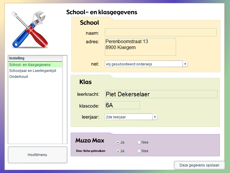 1.1 School en klasgegevens In dit venster kunt u de gegevens van de school en van uw klas invullen. Deze gegevens worden ook vermeld op de afdruk.