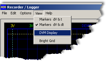 Nederlands 1.5.3.1 Colors 1.5.4 View menu Markers dv & t : De absolute tijd van de marker positie word weergegeven. (2) Twee horizontale markers voor het meten van de spanning.