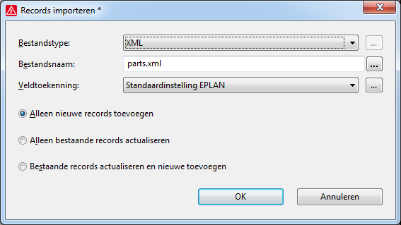 Het Records importeren venster opent. Importeer het eerder opgeslagen XML-bestand. 2.