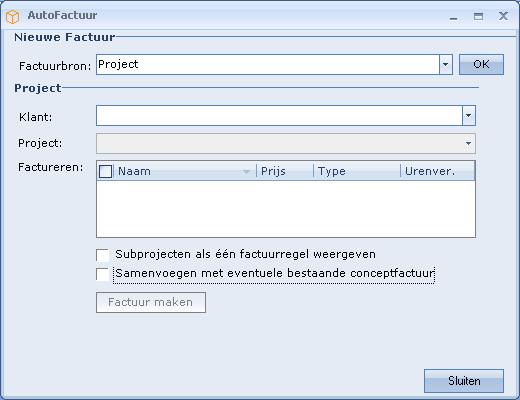 Handmatig factureren U selecteert handmatig factureren als uw factuurbron, klik vervolgens op ok. Selecteer de klant en vervolgens het factuuradres.