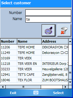 Create Ingave/scannen van klantnummer(*) Ingave/scannen van de klantnaam(*) Filter toepassen Filter velden vegen Klanten lijst wordt opgevuld na filter toepassen Exit : naar vorig scherm Select :