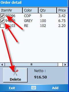 Artikel nummer Kleur Aantal Netto eenheidsprijs Delete knop - Totaal netto prijs Orderlijnen vegen kan in groep door de checkbox voor de