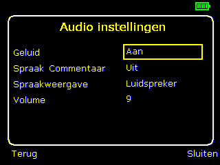 4. Audio instellingen Zie veelgestelde vragen voor meer details. Geluid Selecteer Uit om alle geluidsopties uit te schakelen.