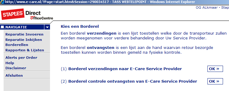 Klik in het nieuwe scherm op de knop OK achter de tekst (1) Borderel verzendingen naar E- Care Service Provider. Standaard zijn alle aangemelde reparaties uitgevinkt.