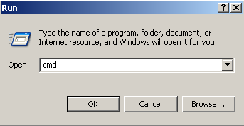 Het is belangrijk om in DOS de juiste commando s en de juiste paden naar de bestanden in te typen. 1. Open een dos-venster. Ga hiervoor naar Start en klik op Run. 2. Typ cmd in en klik op OK.