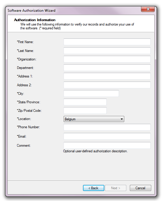 Page 10 of 17 De SAW (Software Authorization Wizard) levert inputschermen voor het ingeven van uw persoonlijke gegevens. Gebruik geen karakters met accenten e.d. (bv.