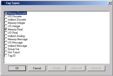 Er verschijnt dan de volgende venster met een overzicht van de verschillende type tags. Bij sommige types staat I/O in plaats van Memory aan het begin van een type vermeldt.