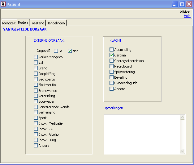 3.2 Venster patiënten 3.2.1 Tabblad Identiteit o De leeftijd wordt automatisch berekend vanaf de vermelde geboortedatum. o Het veld Geslacht : is verplicht 3.2.2 Tabblad Reden Dit tabblad is volledig herzien conform het nieuwe 100 verslag.