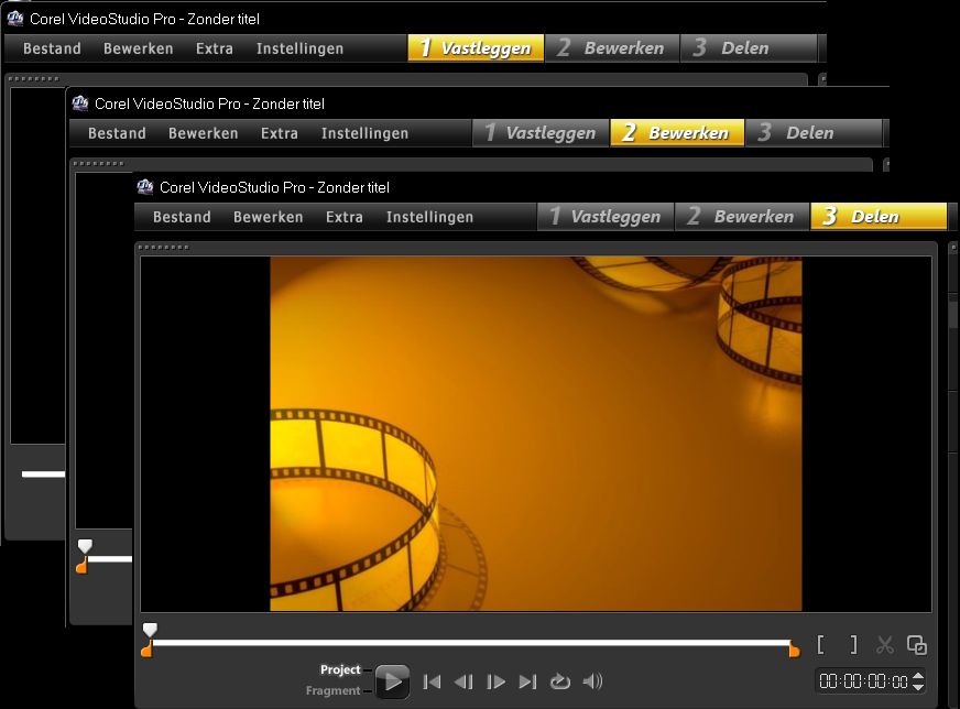 De werkruimte leren kennen Corel VideoStudio Pro verdeelt de procedure van de videobewerking in drie basisstappen: vastleggen, bewerken en delen.