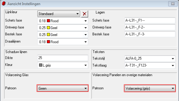 Selecteer de knop instellingen voor het wijzigen van de volarcering van glas of panelen. Als het glas, en / of alle panelen kunnen op deze wijze van een grijze vlakvulling worden voorzien.