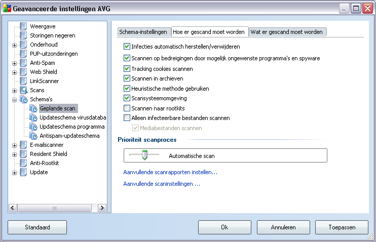 Op het tabbladhoe er gescand moet worden staat een lijst met scanparameters die kunnen worden in- en uit-geschakeld.