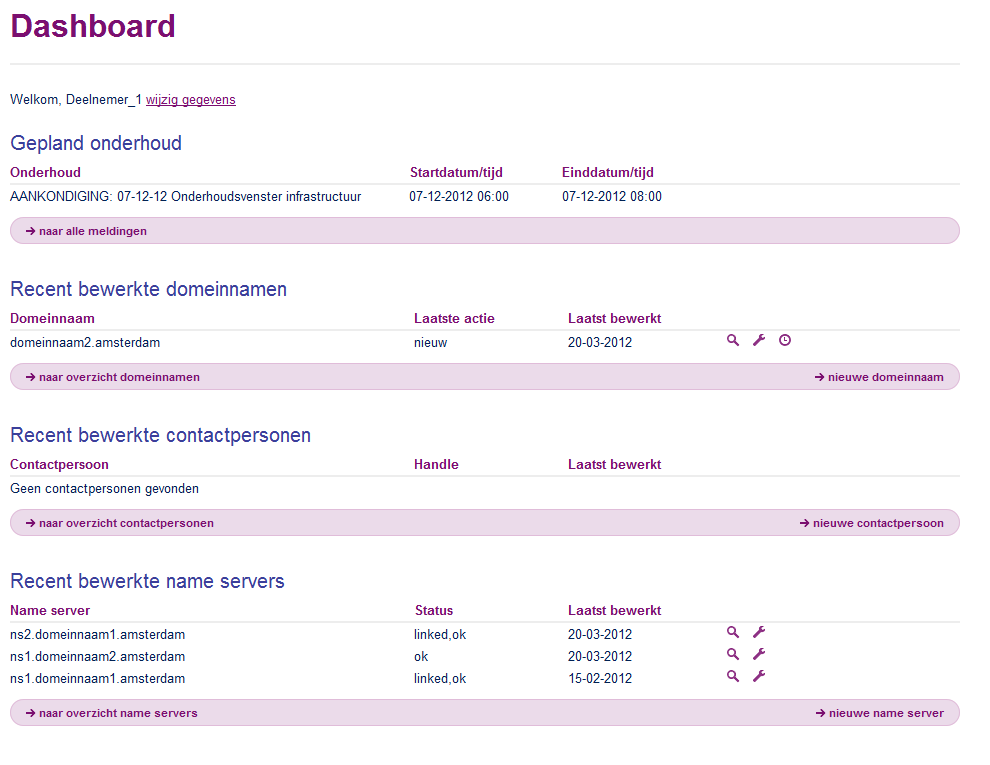 Het dashboard is het beginscherm en geeft een overzicht van de vijf meest recent bewerkte domeinnamen, contactpersonen en nameservers.