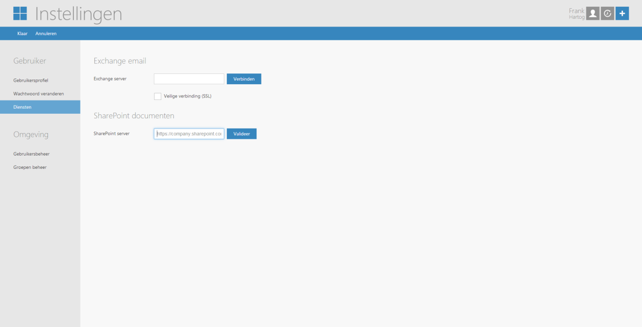 4. Instellingen in Workspace 365 In Workspace 365 moeten nog een aantal zaken worden geconfigureerd, namelijk Exchange voor e-mailing en SharePoint voor documenten opslag. 1.