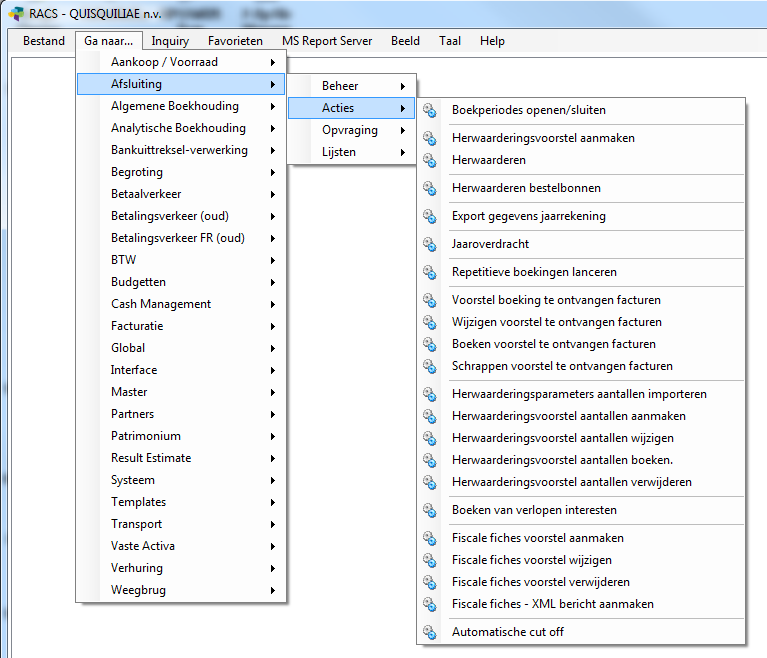 Acties voor de Periodieke Afsluiting Openen/Sluiten van boekperiodes Herwaarderingsvoorstel aanmaken Herwaarderen Herwaarderen bestelbonnen Export gegevens jaarrekening Jaaroverdracht Repetitieve
